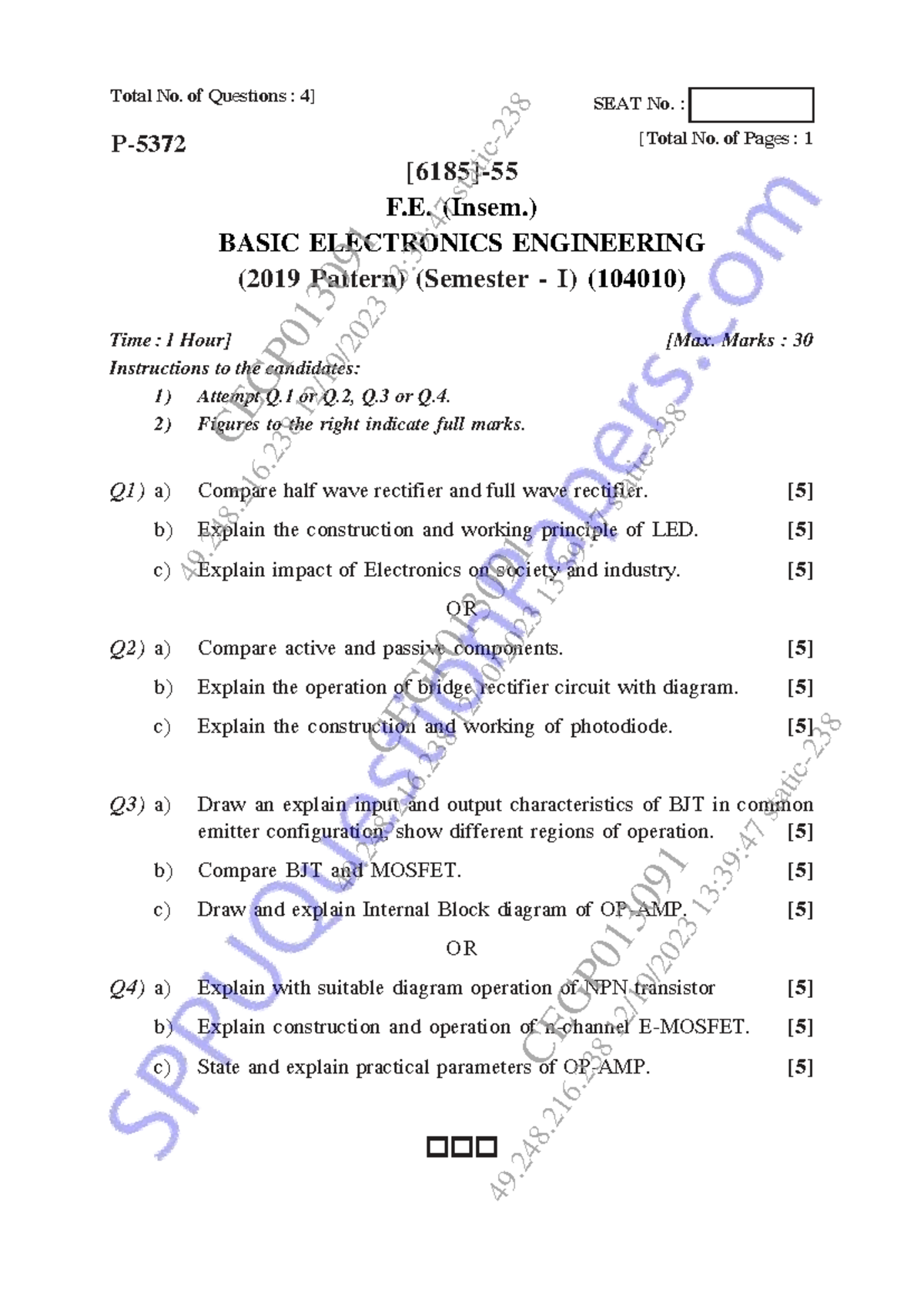B.E. (Sem I) 2019 Pattern: Basic Electronics Engineering Insem Exam ...