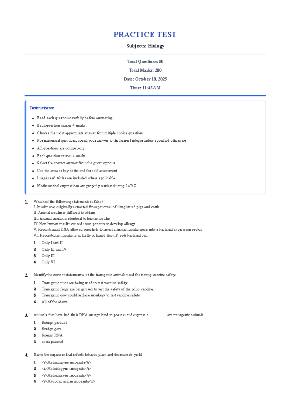 29 BIOTECHNOLOGY & ITS APPLICATIONS - PRACTICE TEST - Studocu