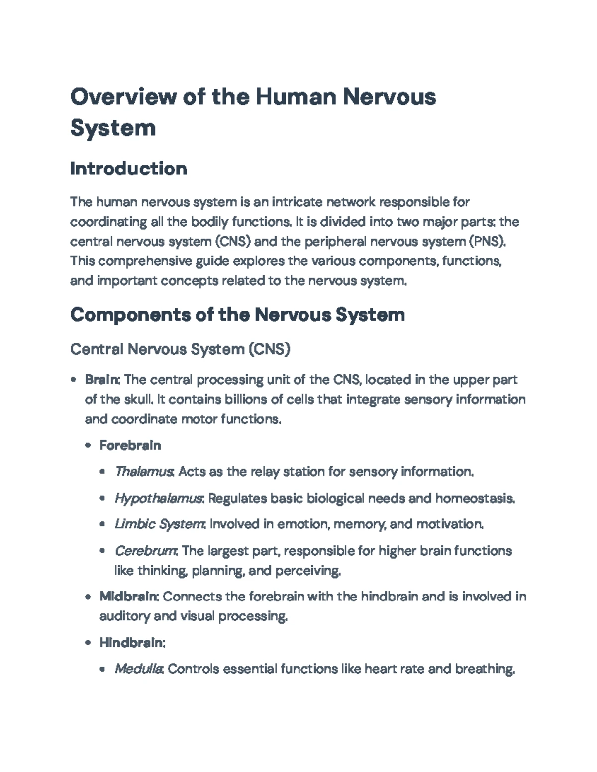HUMA 101: Comprehensive Guide to Human Nervous System Functions - Studocu