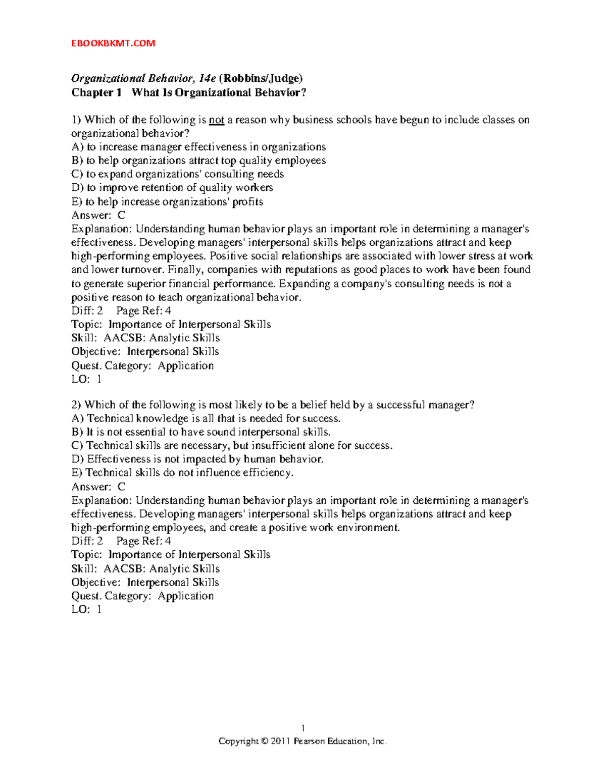 Chapter 1 - Organizational Behavior Test Bank (14e) - Studocu