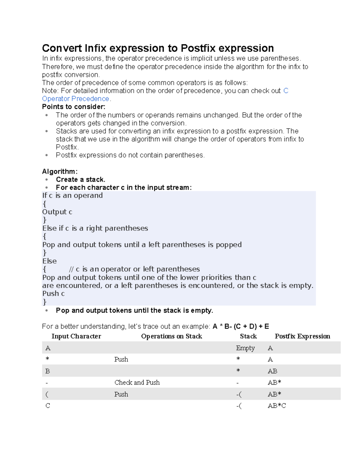 Convert Infix expression to Postfix expression - Therefore, we must ...