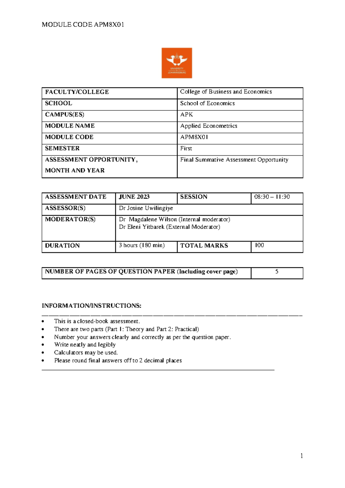 APM8X01 Final Exam Practice Paper: Applied Econometrics June 2023 - Studocu
