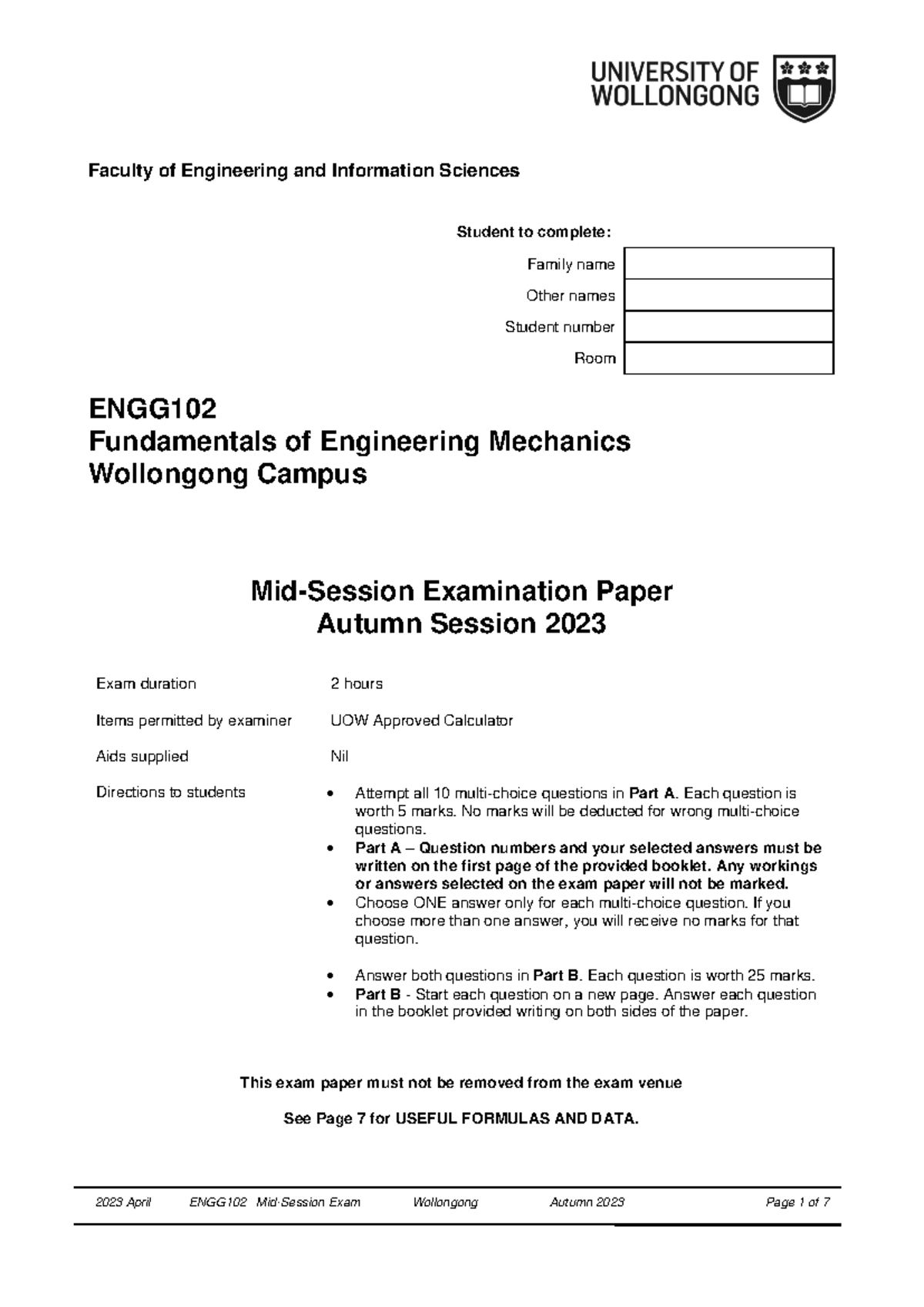 ENGG102 Mid-session Exam Paper 2023 - Fundamentals of Engineering ...