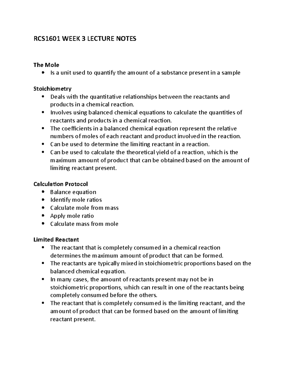 RCS1601 Week 3 Lecture Notes: Mole, Stoichiometry, and Changes in State ...