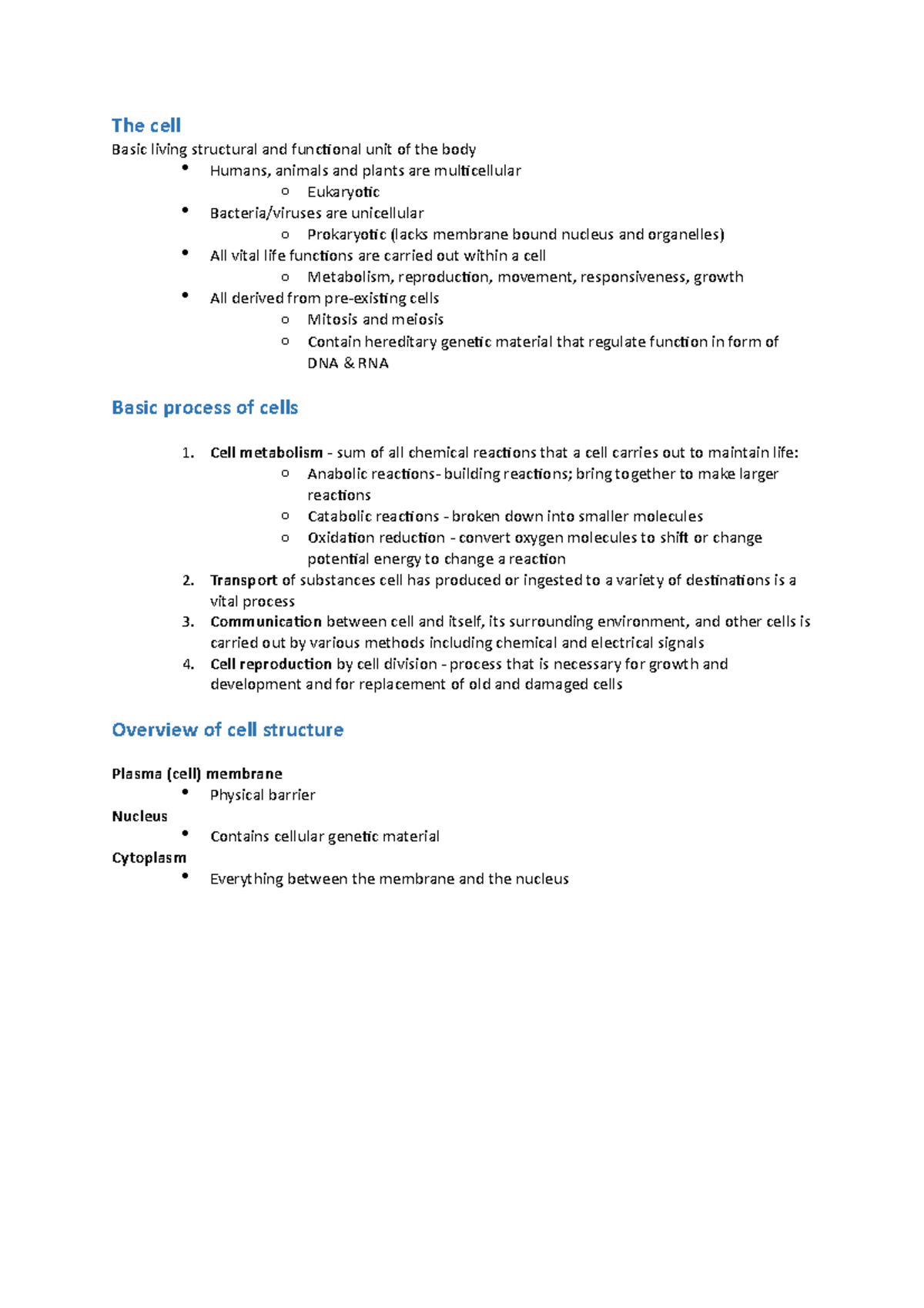 BIO 101: Lecture Notes on Cell Structure and Function - Studocu