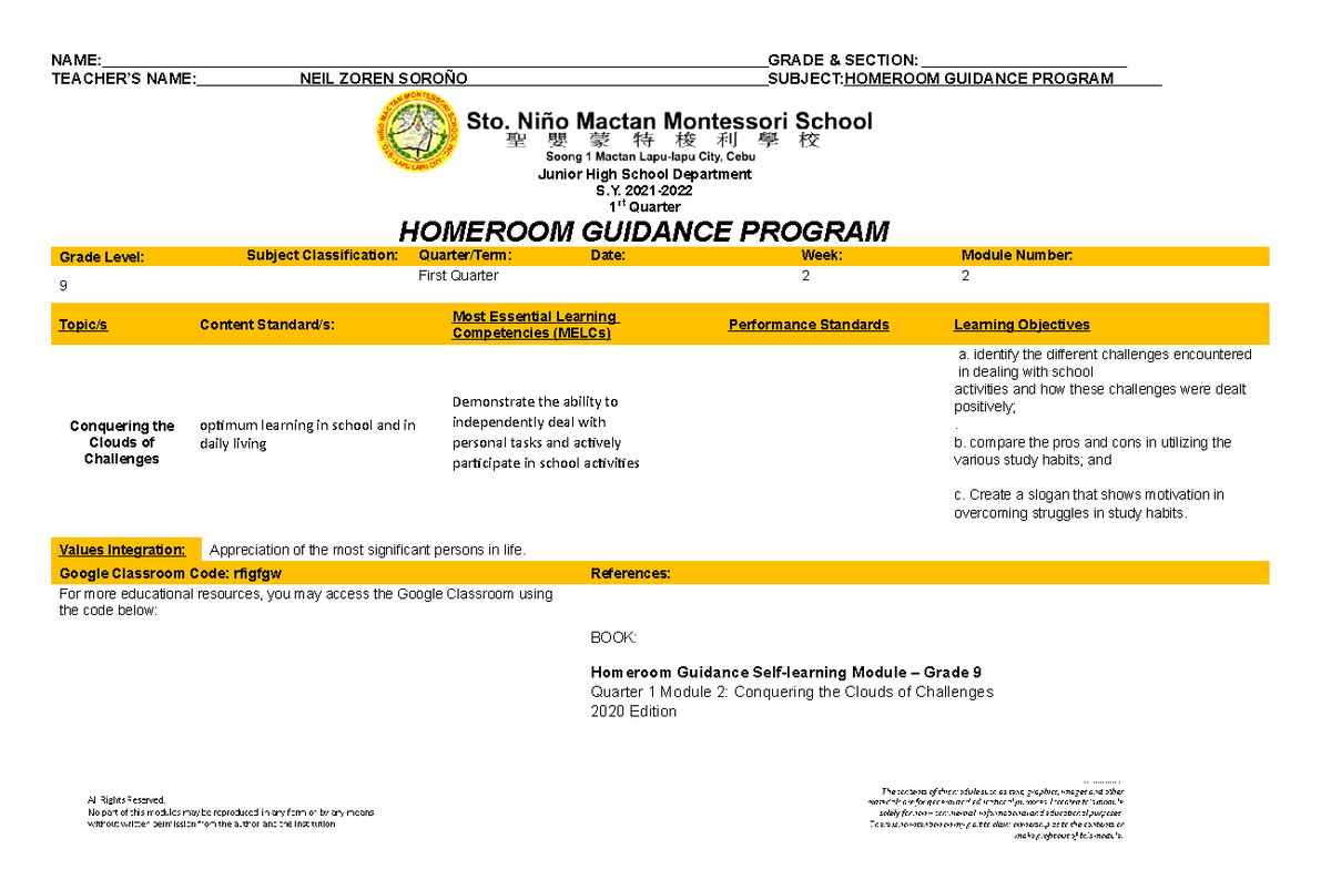 Homeroom Guidance Program - Grade 9 Module 2: Overcoming Challenges ...