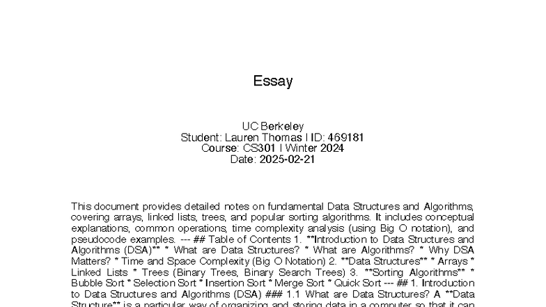 CS301 Winter 2024: DSA Essay Notes on Data Structures & Algorithms ...
