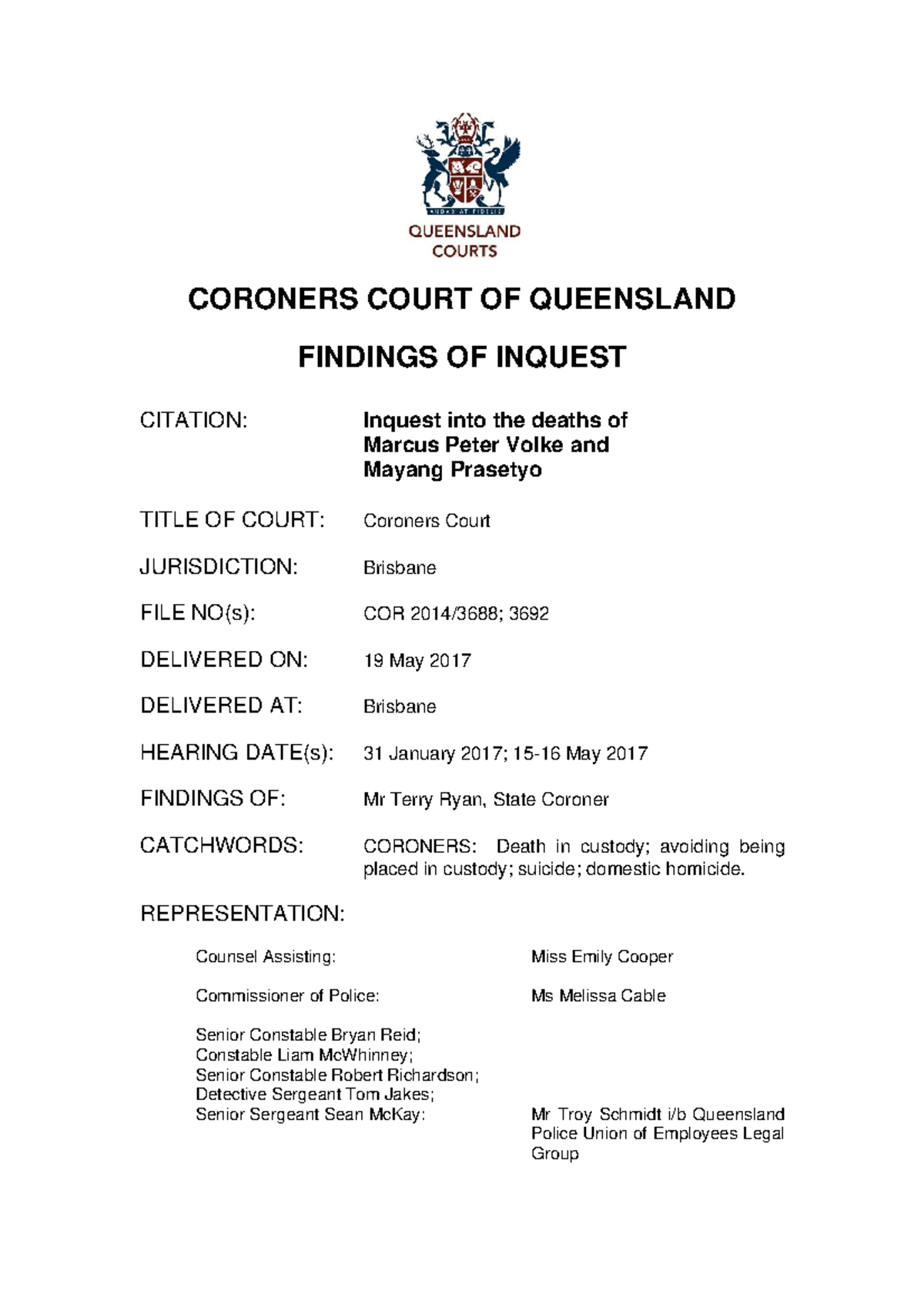 Inquest Findings: Deaths of Marcus Volke & Mayang Prasetyo (COR 3692 ...