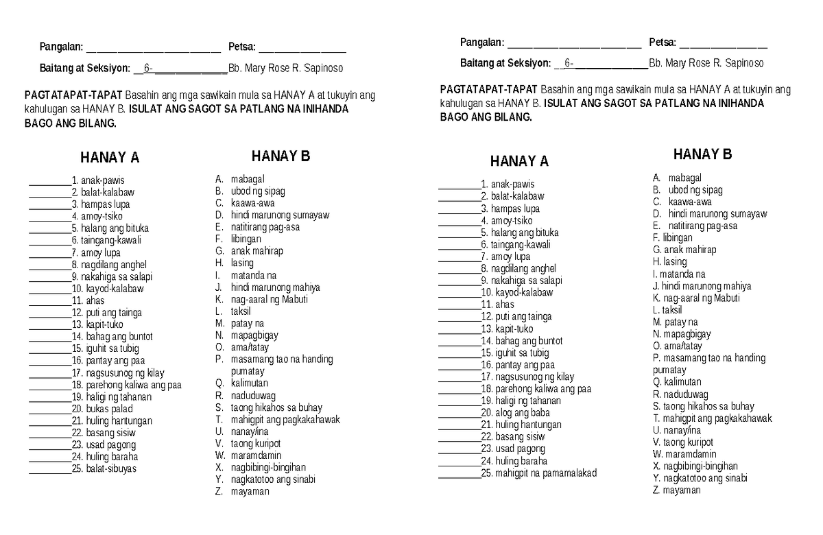 Pagsusuri ng Sawikain para sa Baitang 6 - Bb. Mary Rose R. Sapinoso - Document Preview
