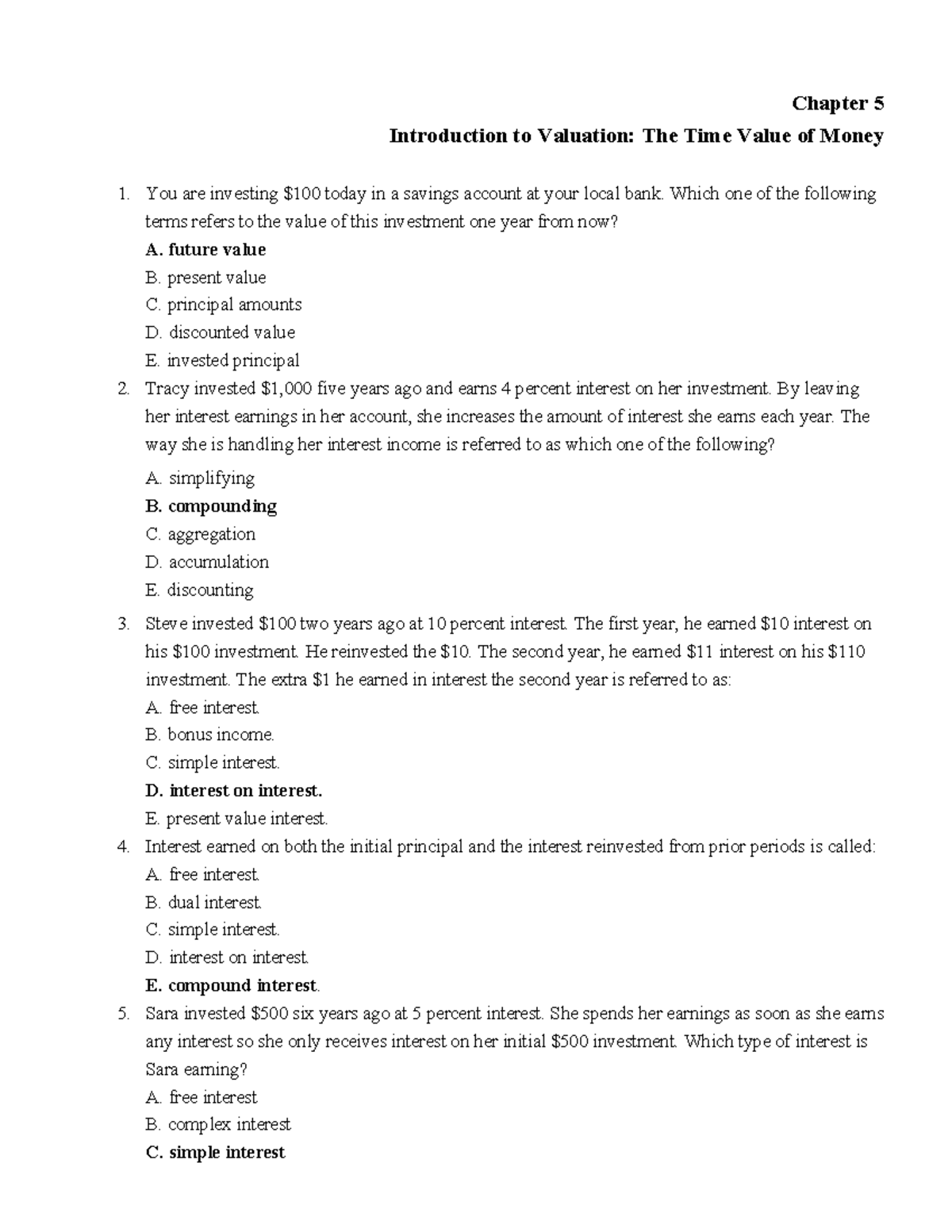Chapter 5 MCQs: Introduction to Valuation & Time Value of Money - Studocu