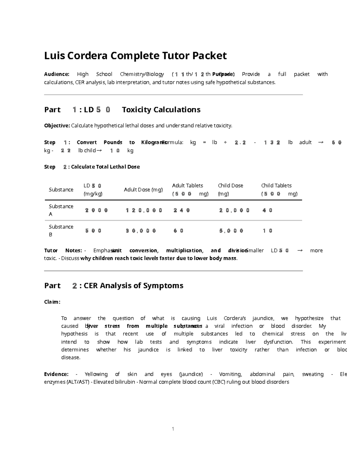 Luis Cordera Tutor Packet: LD50 Calculations & Lab Analysis - Studocu