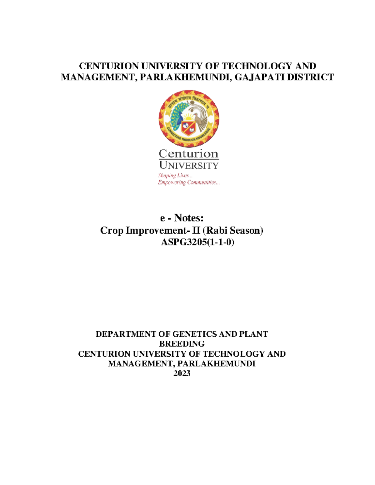 Crop Improvement-II (ASPG3205) Lecture Notes on Rabi Season - Document Preview