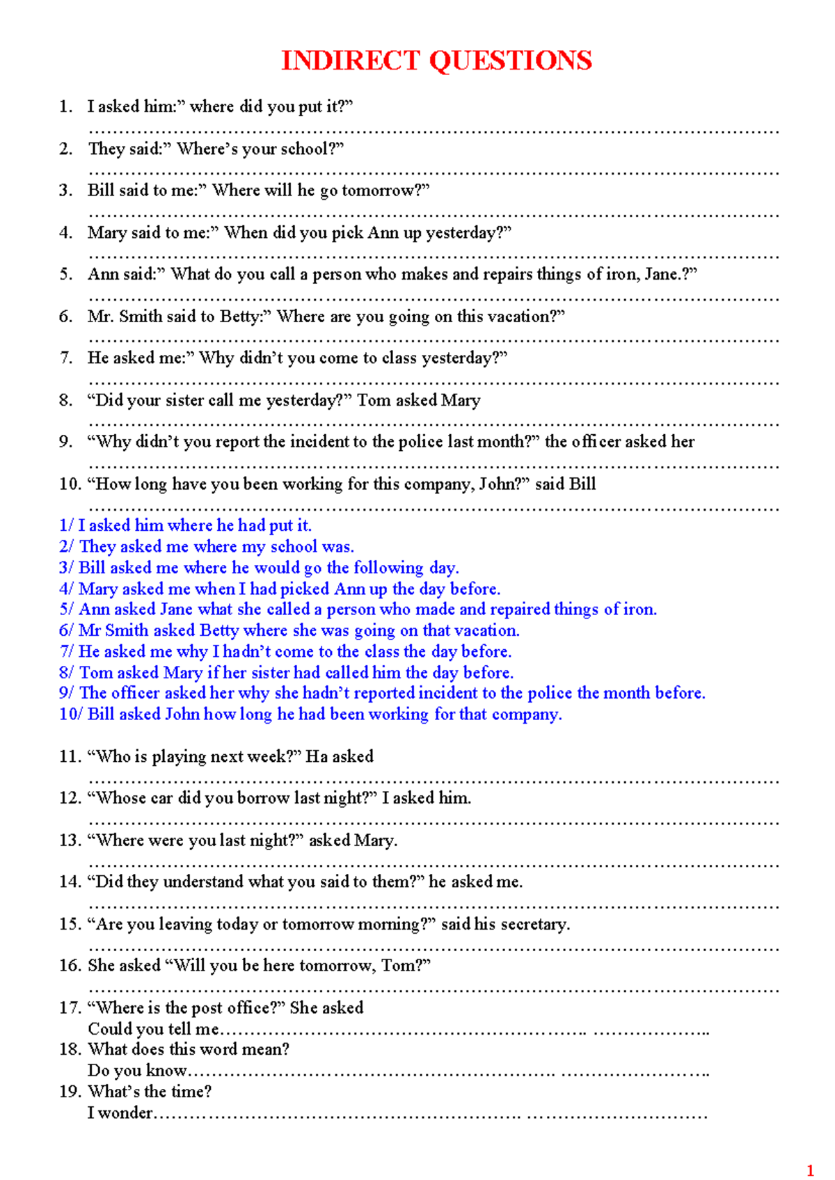 INDIRECT QUESTIONS EXERCISES - BÀI TẬP CÂU HỎI GIÁN TIẾP - Studocu