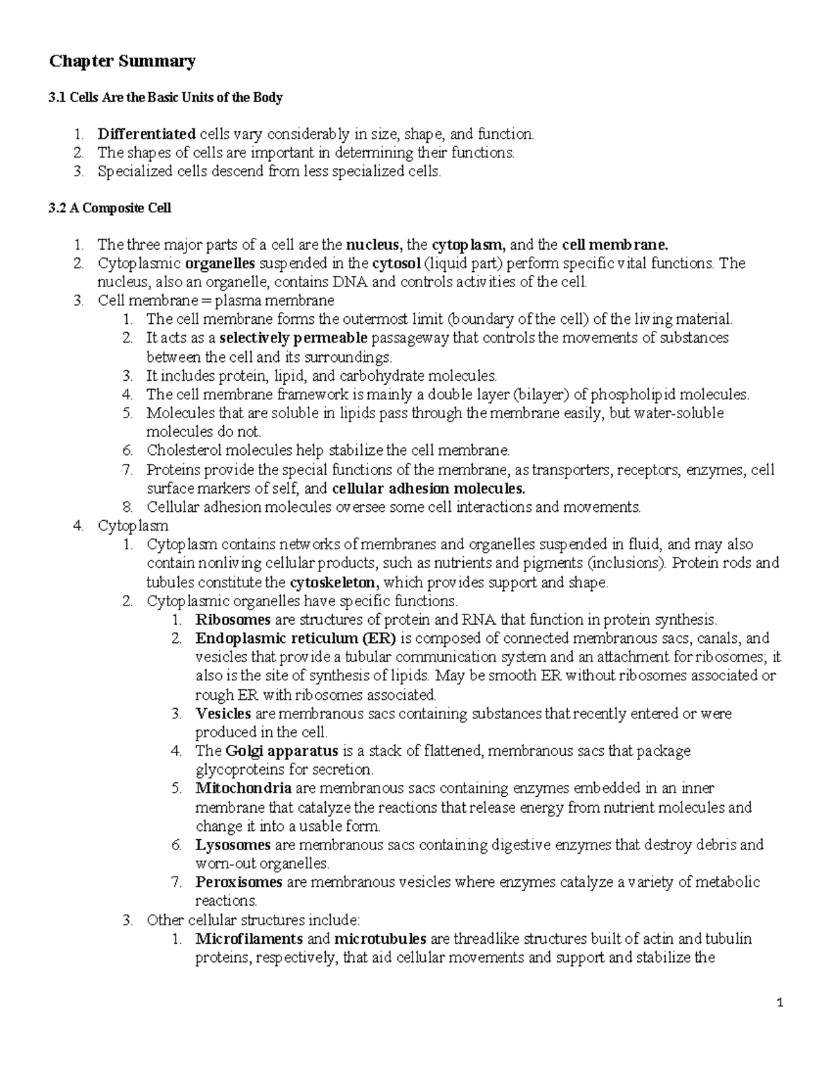 Chapter 3 Summary: Cells as Basic Units of the Body - Studocu
