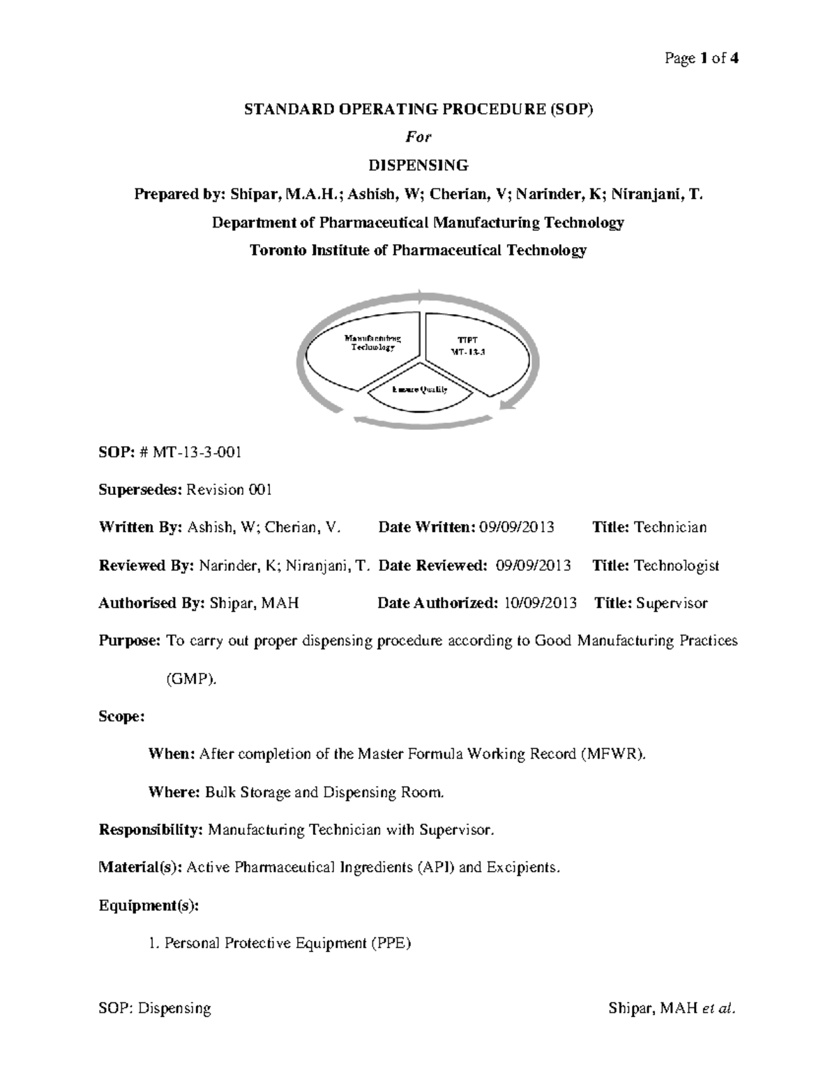 SOP: Dispensing Procedures in Pharmaceutical Manufacturing (PHT 101 ...