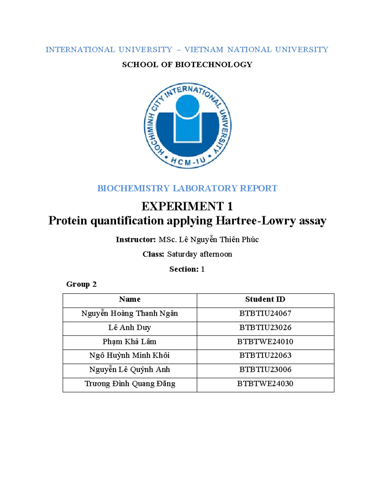 Biochemistry Lab Report: Protein Quantification Experiment 1 ...