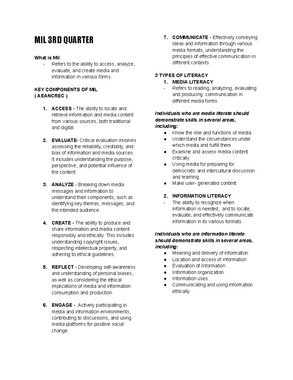 MIL 3RD QUARTER: Key Components of Media and Information Literacy - Studocu
