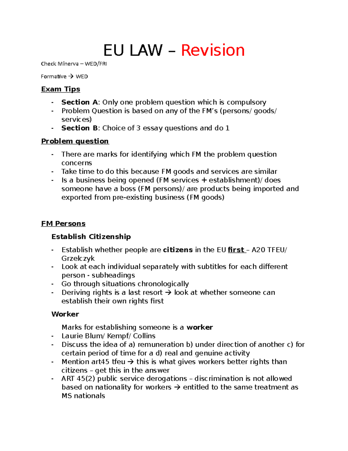 Revision Lecture EU LAW - EU LAW – Revision Check Minerva – WED/FRI ...