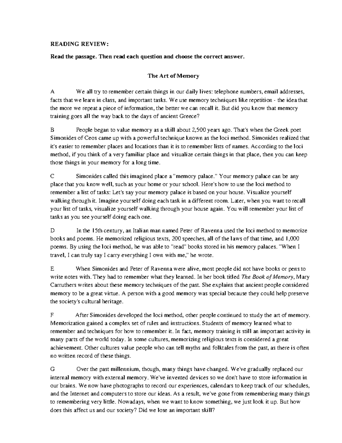 Reading Review for Unit 5: The Art of Memory Techniques - Studocu