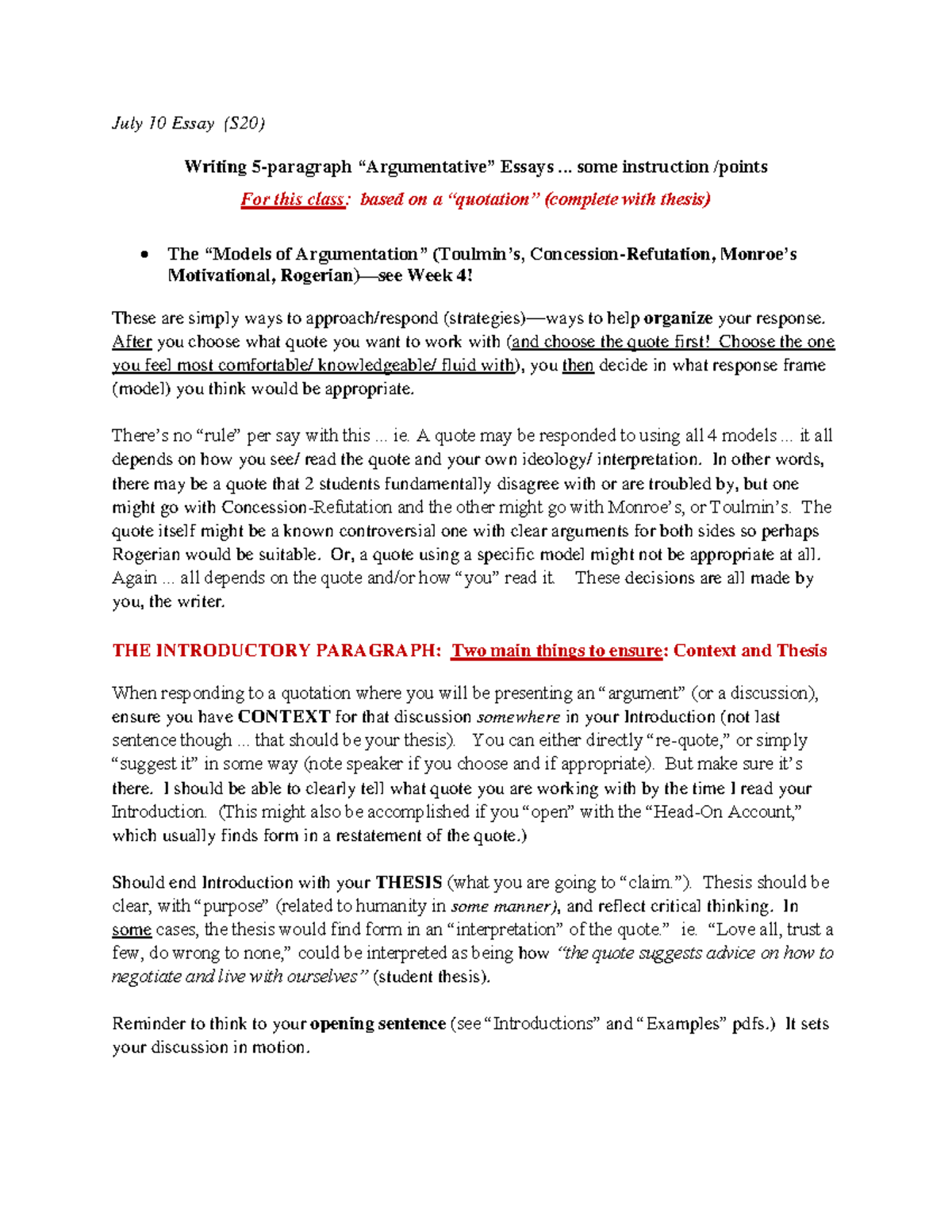 S20 - Argumentative Essay Writing Strategies and Models - Studocu