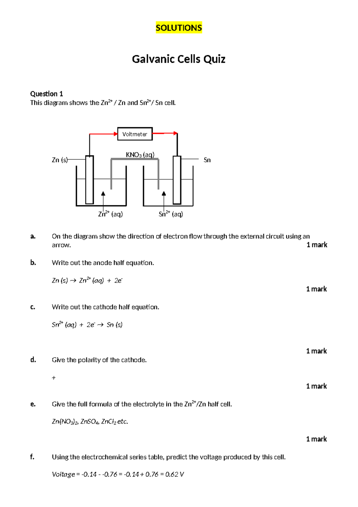 Galvanic Cells Quiz 2025 Solutions: Electron Flow & Half Equations ...