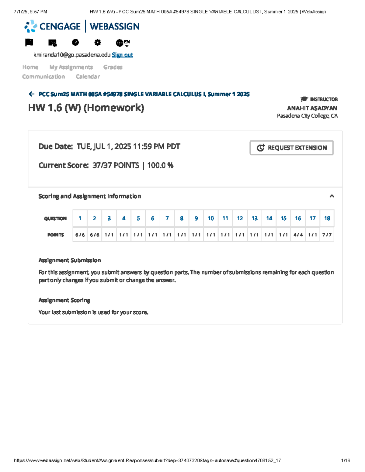 HW 1.6 (W) - PCC Sum25 MATH 005A Single Variable Calculus I, Summer ...