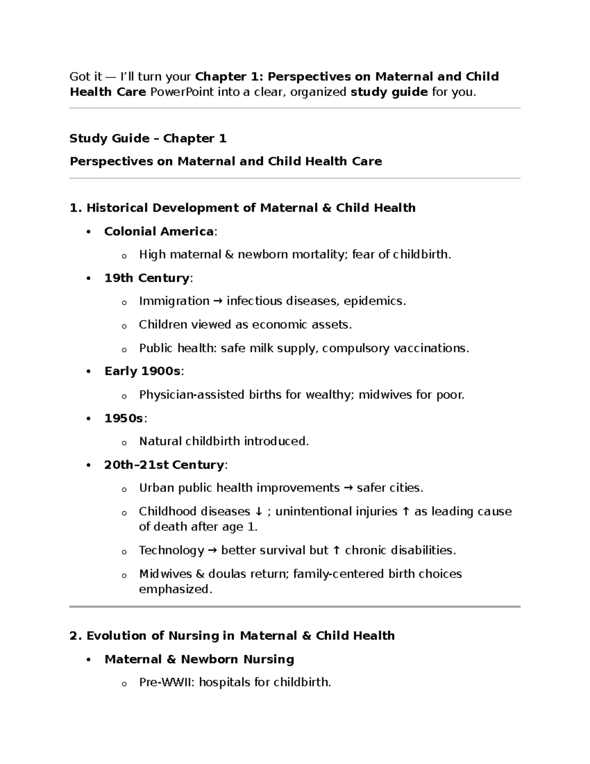 Chapter 1 Study Guide: Perspectives on Maternal and Child Health Care ...