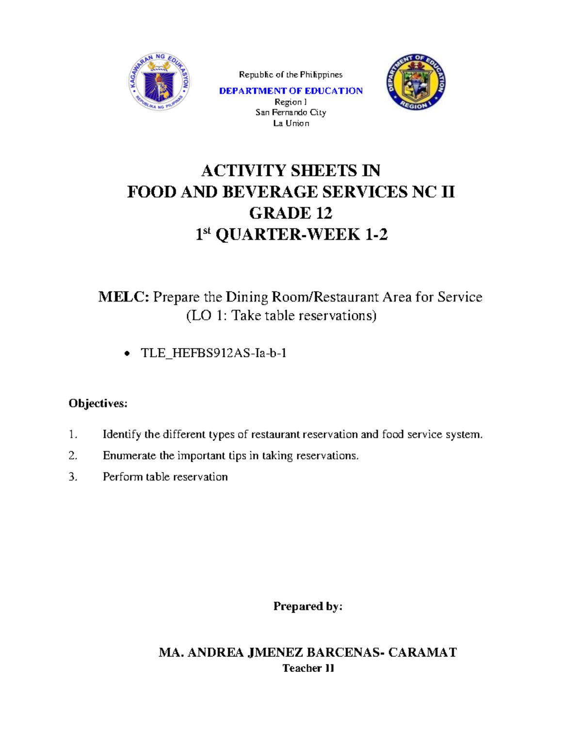 25624618 - Performance Tasks in Food and Beverage Services NC II - Studocu