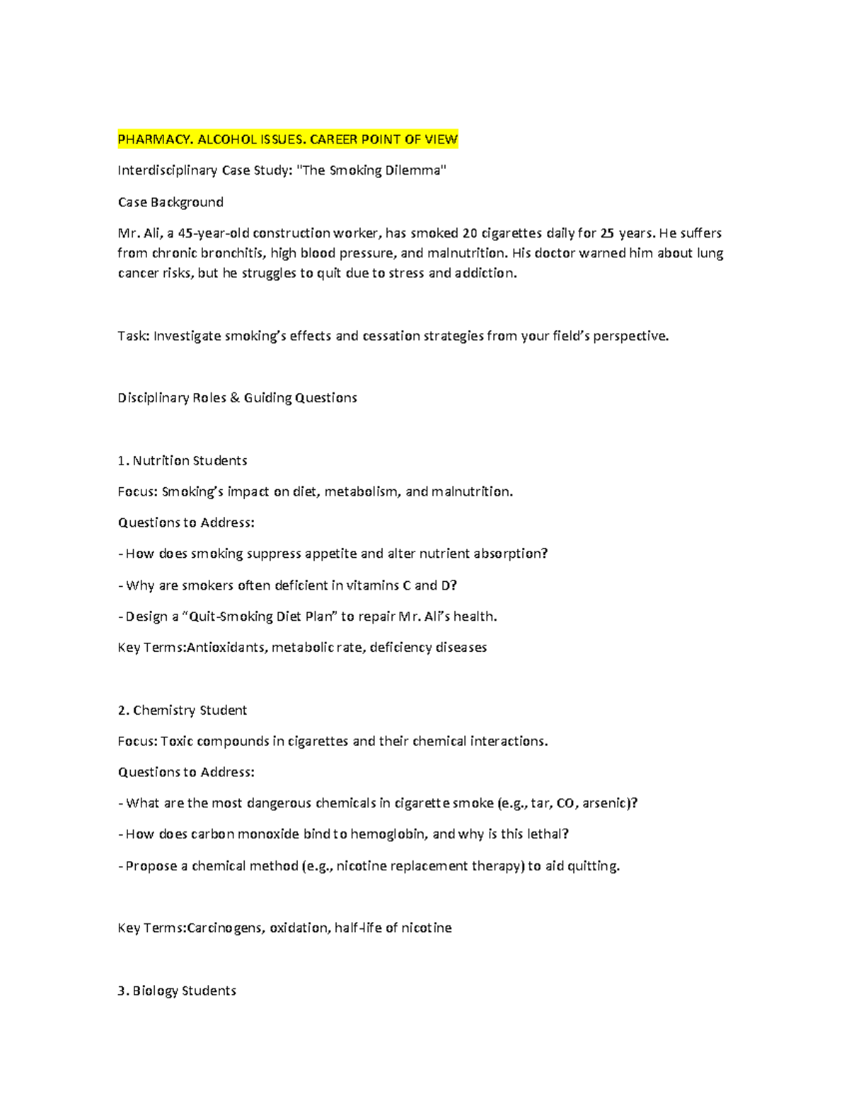 PHARM 101: Interdisciplinary Case Study on Smoking & Health Issues ...