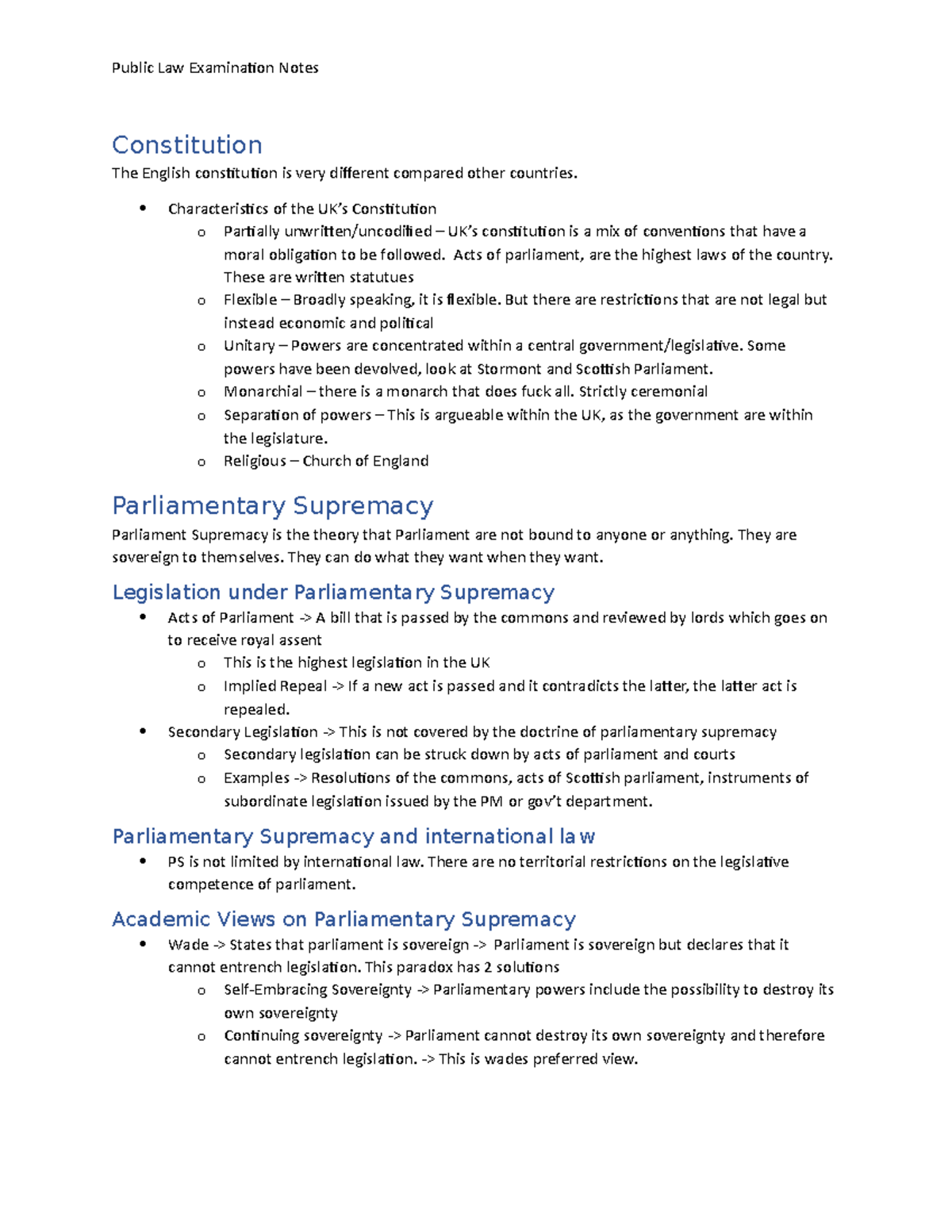 Public Law – Final Exam Notes on UK Constitution and Parliament - Studocu
