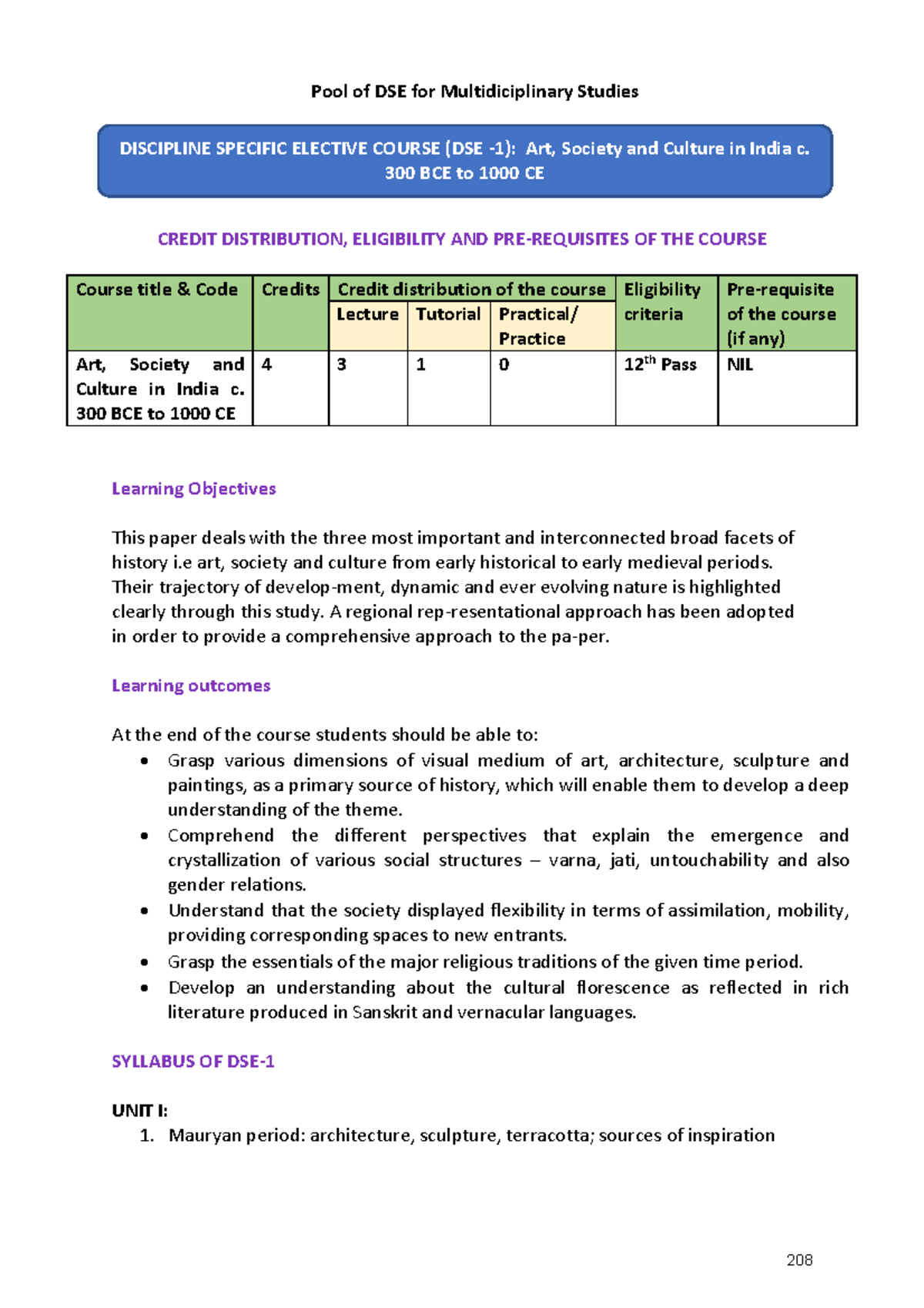 DSE Art, Society & Culture in India: Course Overview & Syllabus - Studocu