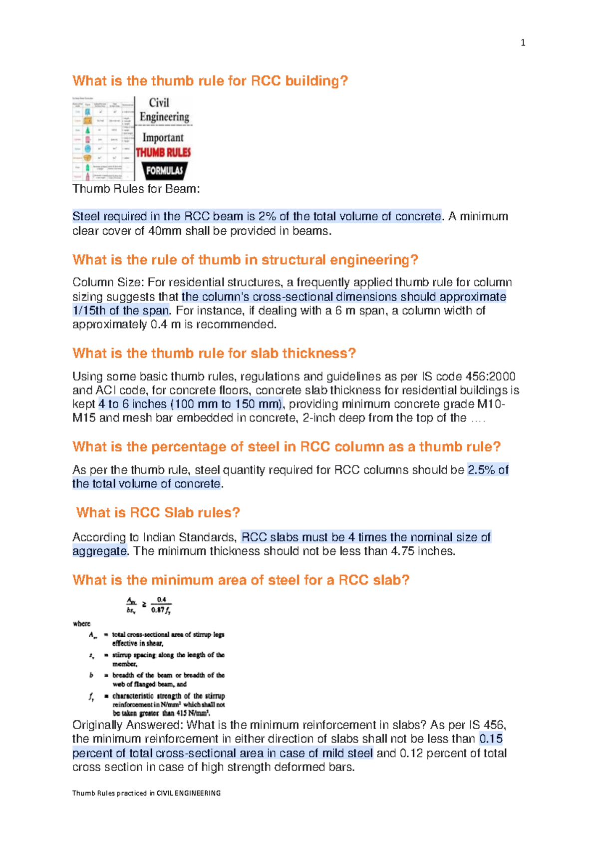 Thumb Rules for RCC Building Design: Guidelines & Standards - Studocu