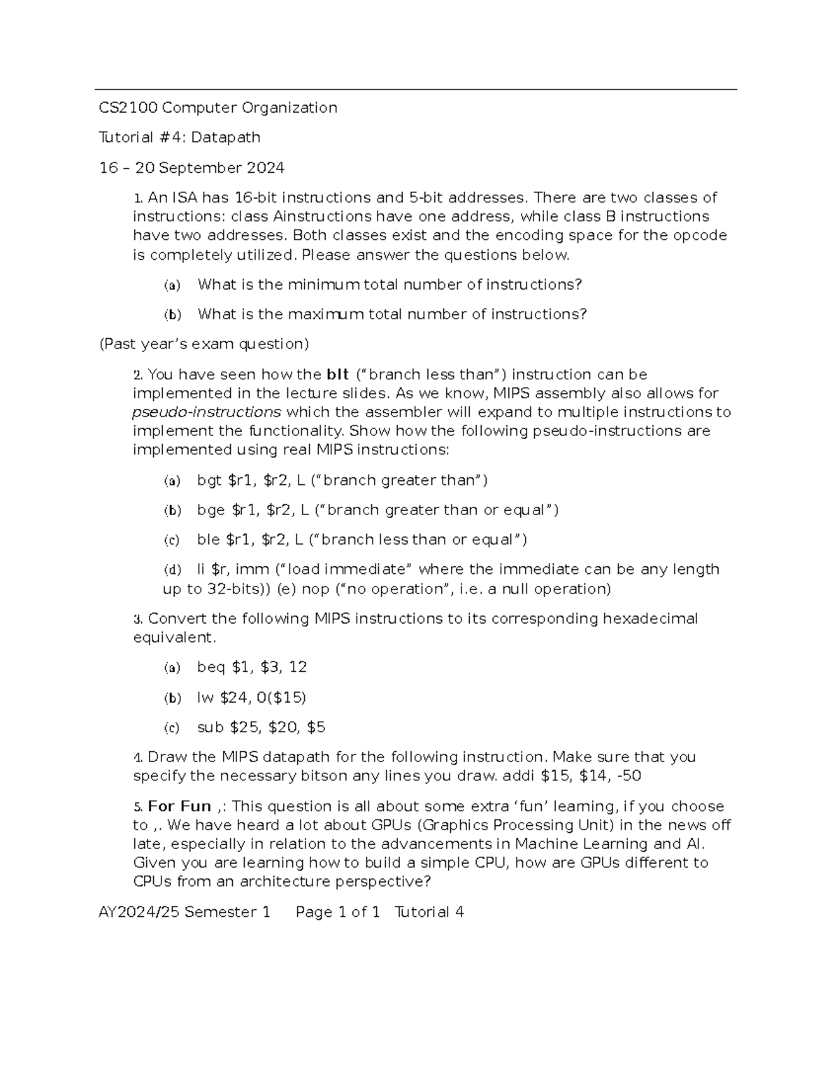 CS2100 Tutorial 4: Datapath Questions & MIPS Instructions Overview ...
