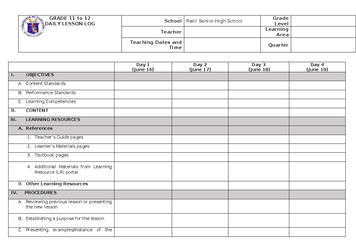 GRADE 11-12 DLL: Daily Lesson Log for English - June 16-19 - Studocu