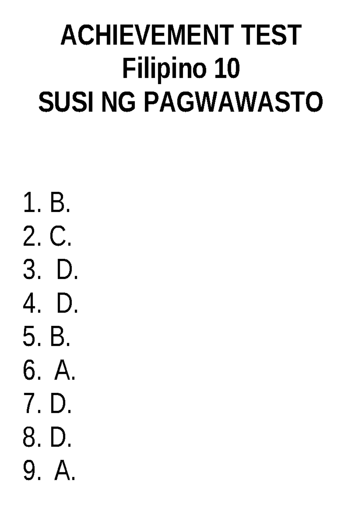 Filipino 10 Achievement Test Answer Key and Solutions - Studocu