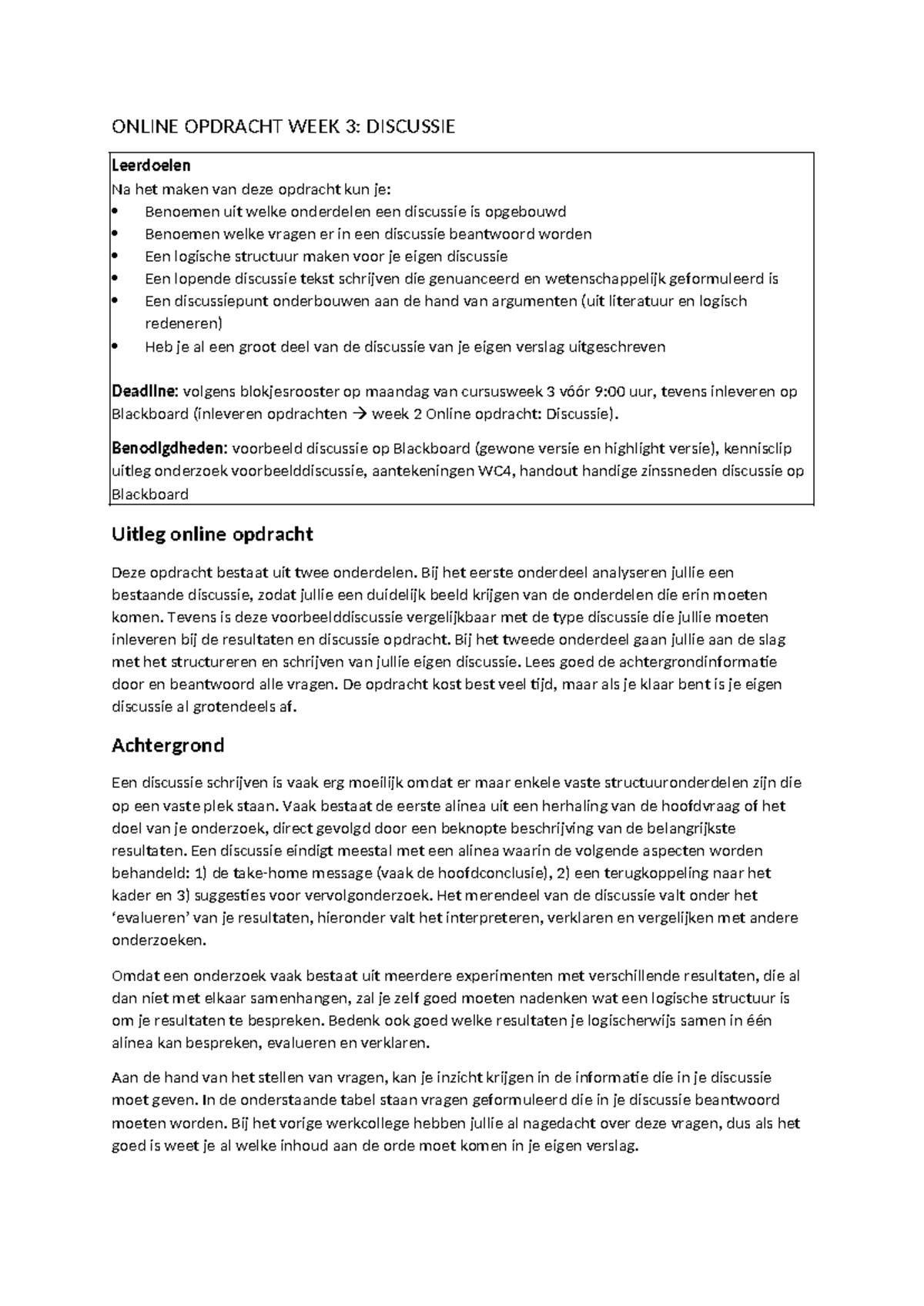Online Opdracht Week 3: Discussie Structuur en Analyse - Studeersnel