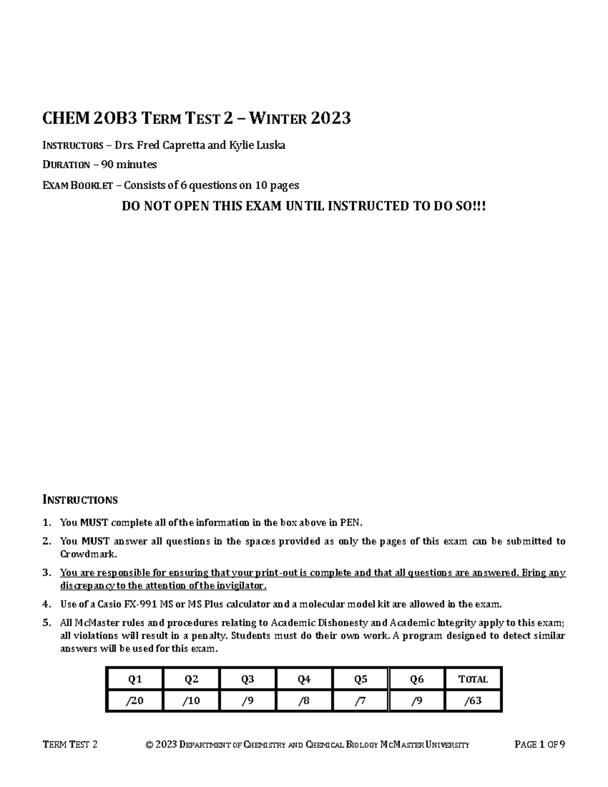 CHEM 2OB3 Term Test 2 Answer Key - Winter 2023 Version 1 - Studocu