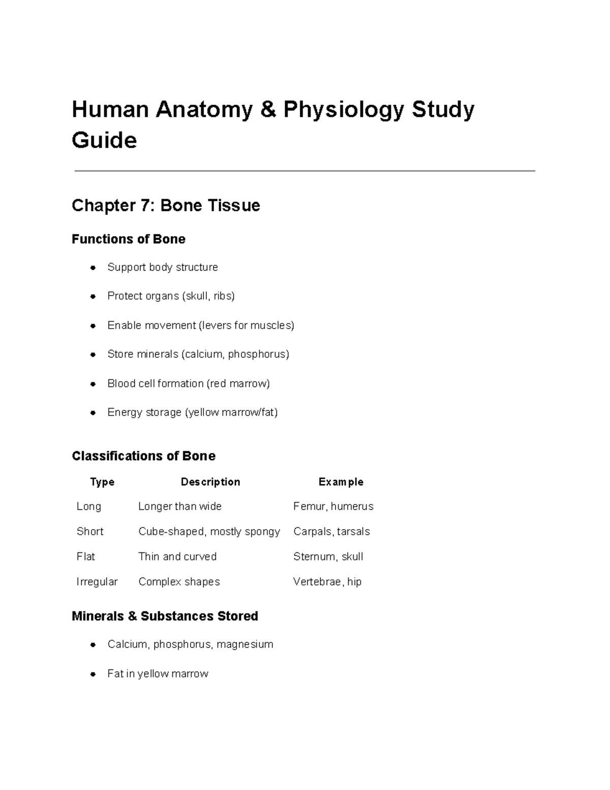Human Anatomy & Physiology Study Guide: Bone Tissue & Joints (Chapter 7 ...