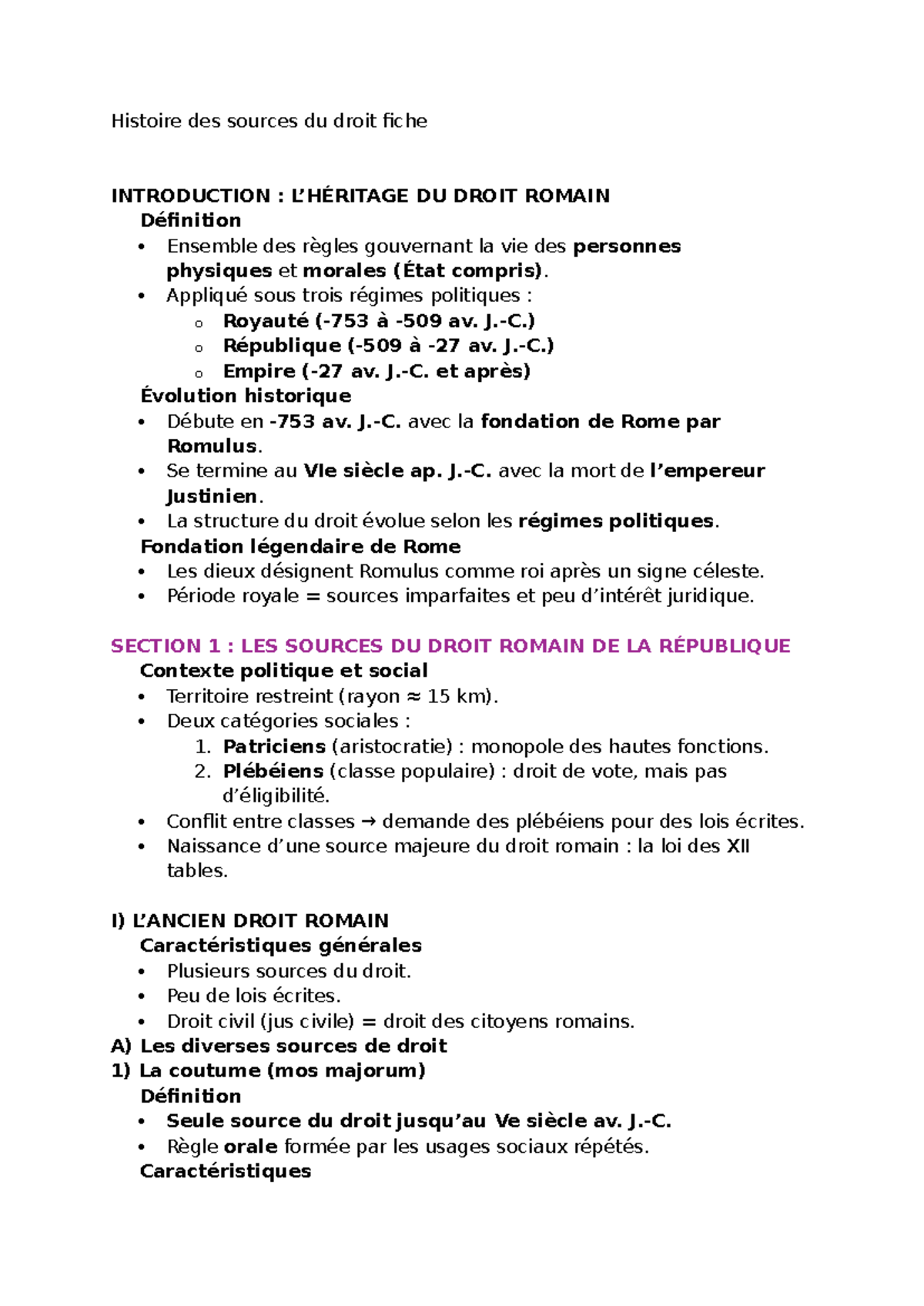 Histoire des Sources du Droit Romain - Fiche de Cours - Studocu