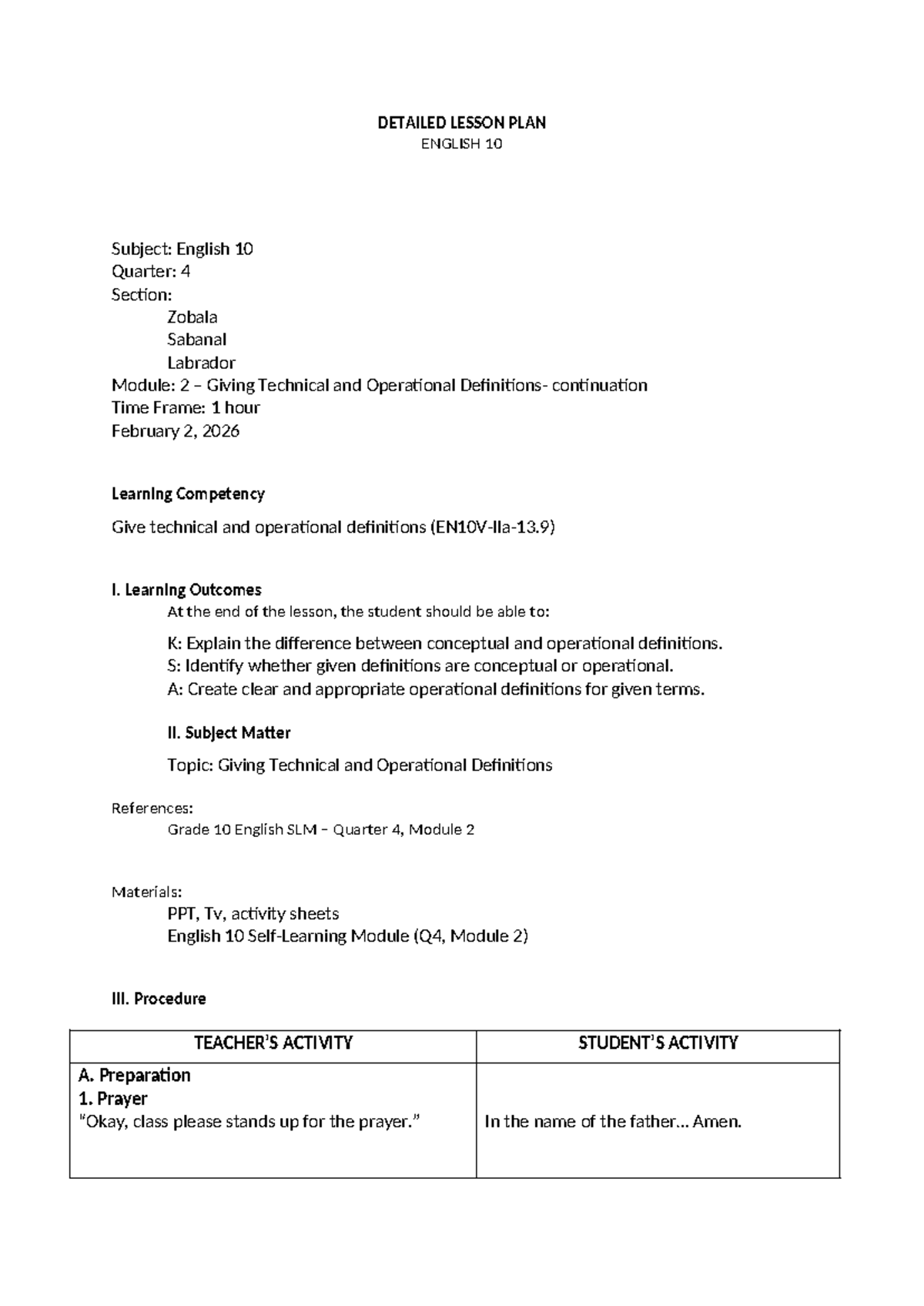 English 10 Lesson Plan: Technical & Operational Definitions (Q4, M2 ...