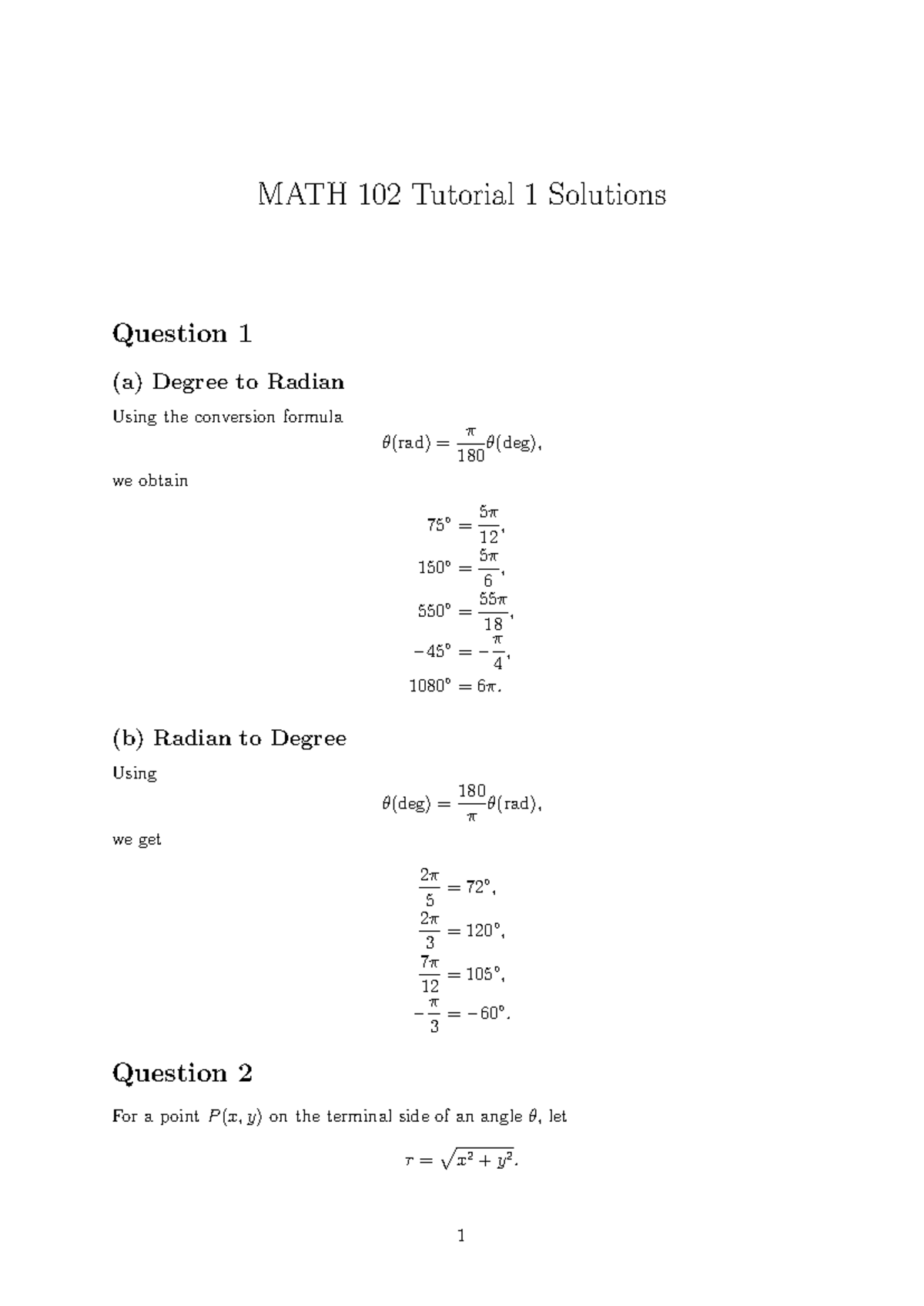 MATH 102 Tutorial 1 Solutions: Radian-Degree Conversions & Trig Ratios ...