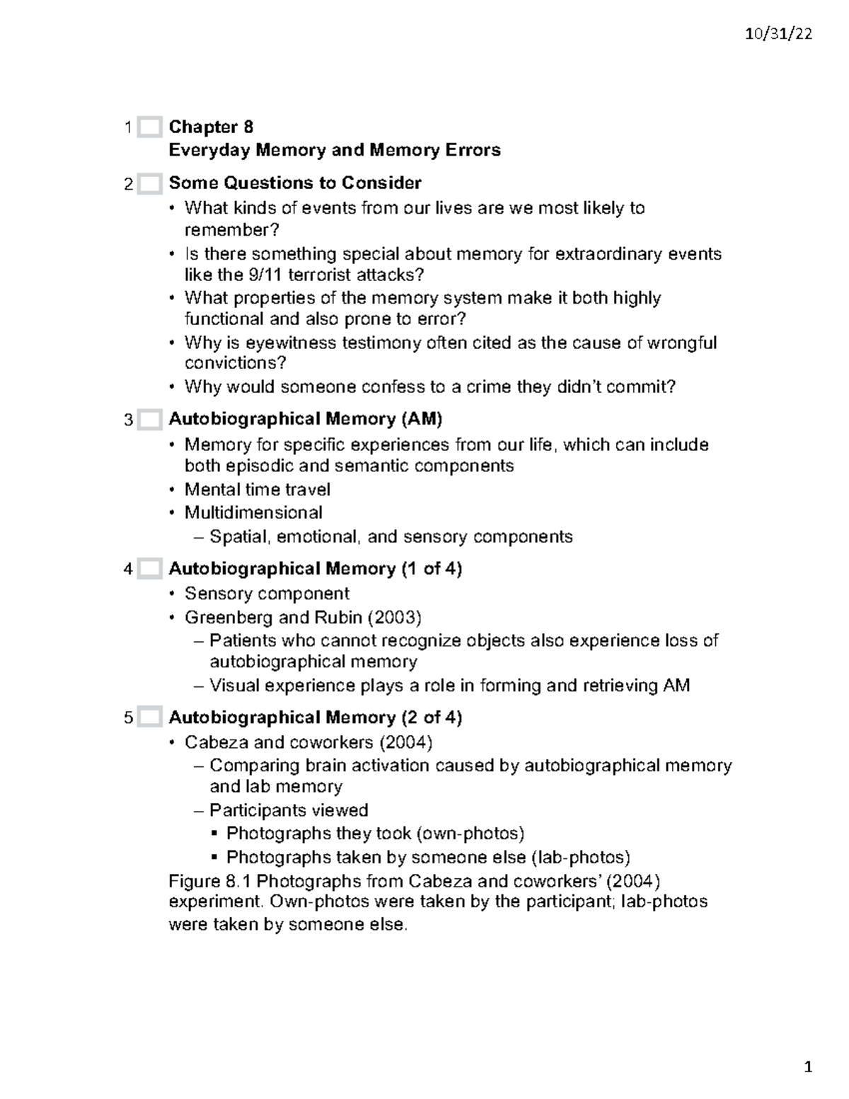 Lecture 8 - Everyday Memory and Memory Errors Fall 2022 - 10/31/ 1 ...