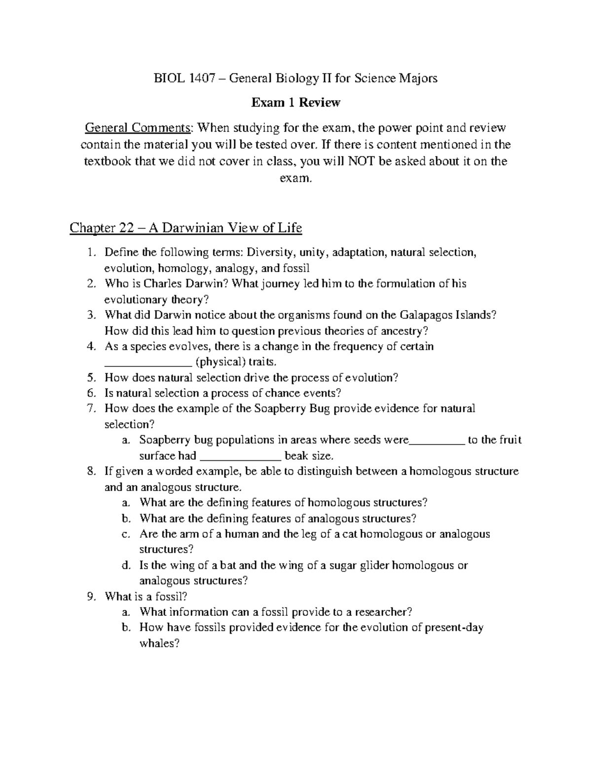 BIOL 1407 - General Biology II Exam 1 Comprehensive Review Guide - Studocu