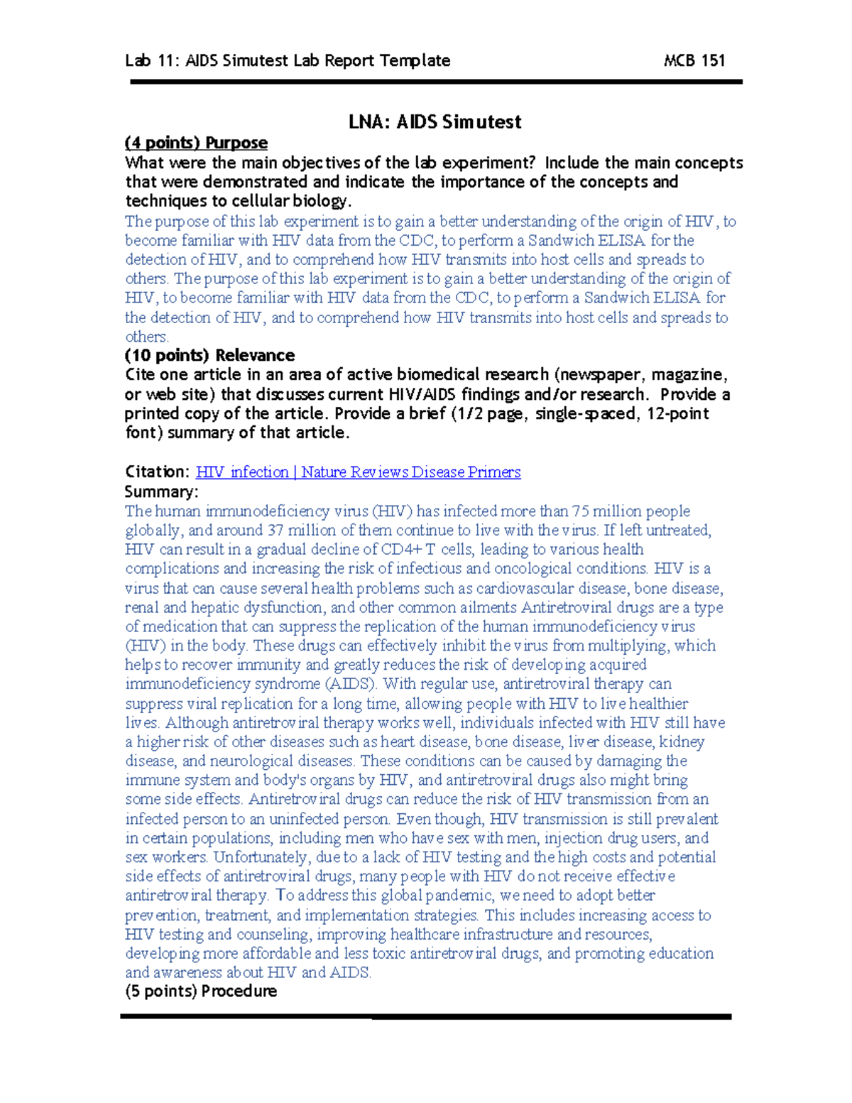 LNA 2023: AIDS Simutest Lab Report and Analysis - Studocu