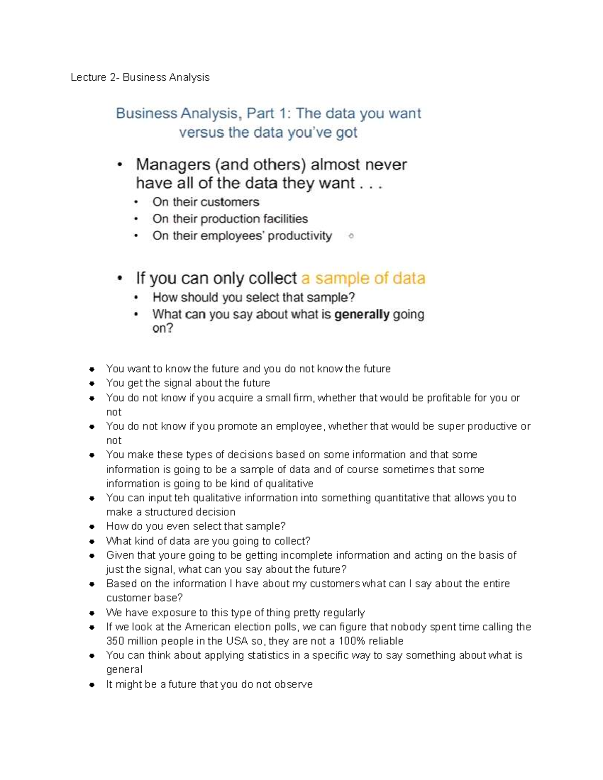Lecture 2: Business Analysis - Understanding Sampling and Statistics ...