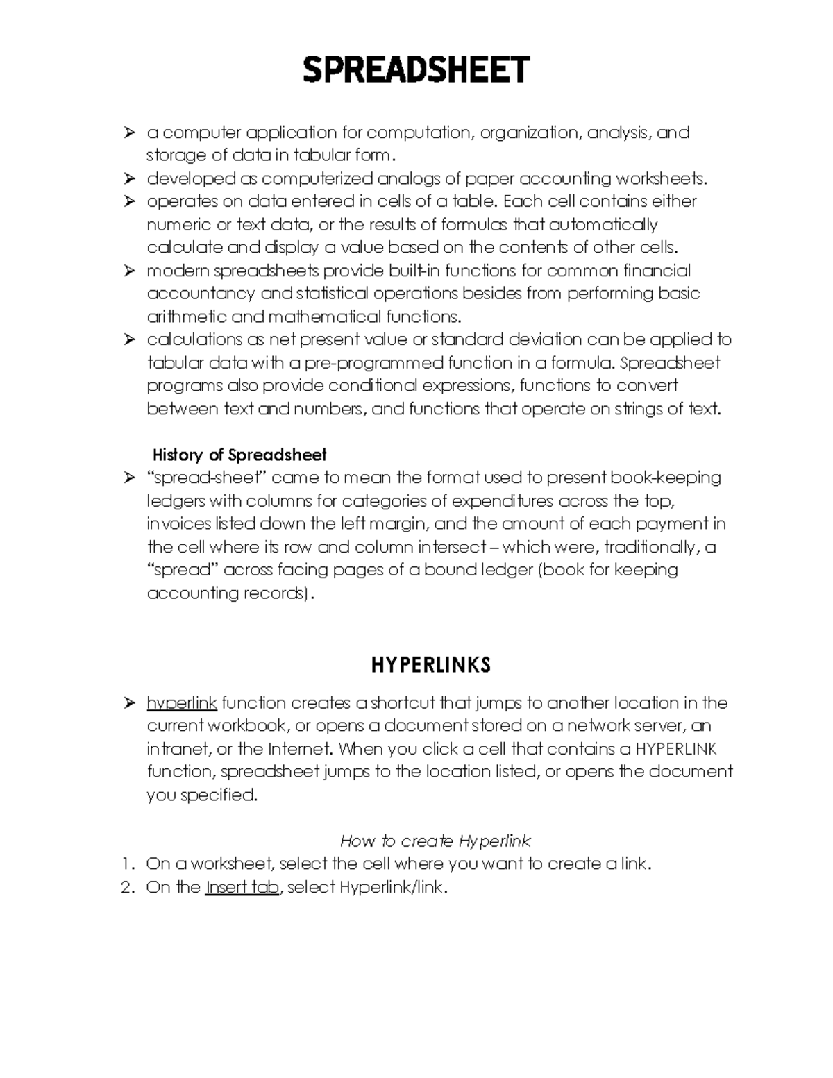 Spreadsheet Handouts - a computer application for computation ...