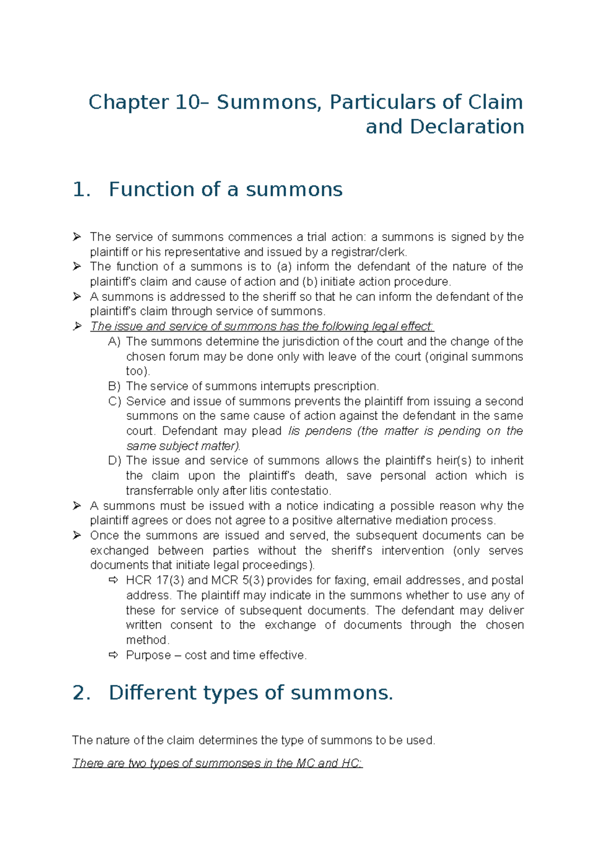 Chapter 10: Summons & Particulars of Claim in Legal Proceedings - Studocu