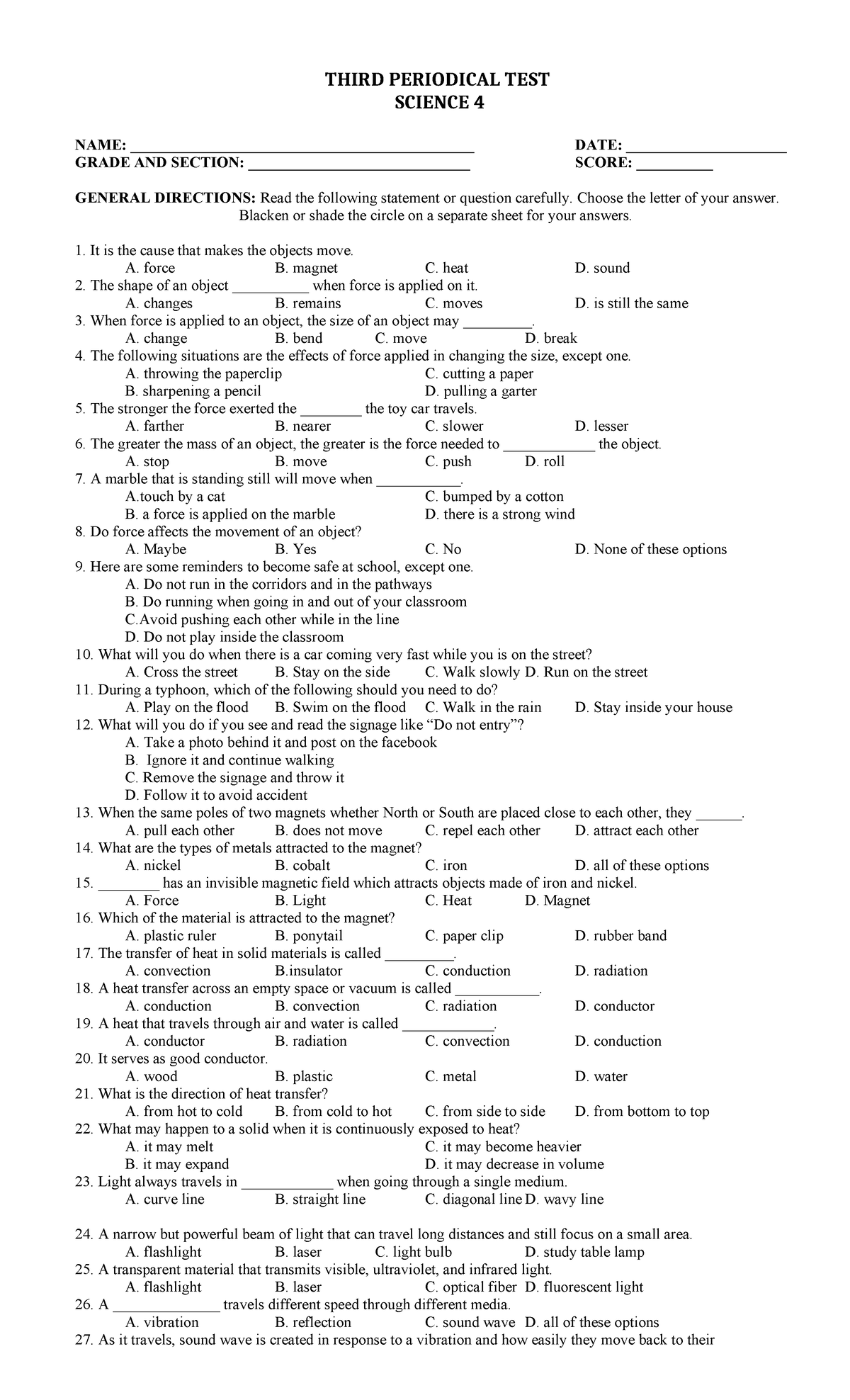 PT Science 4 Q3: Periodical Test on Forces, Heat, Light, and Sound ...