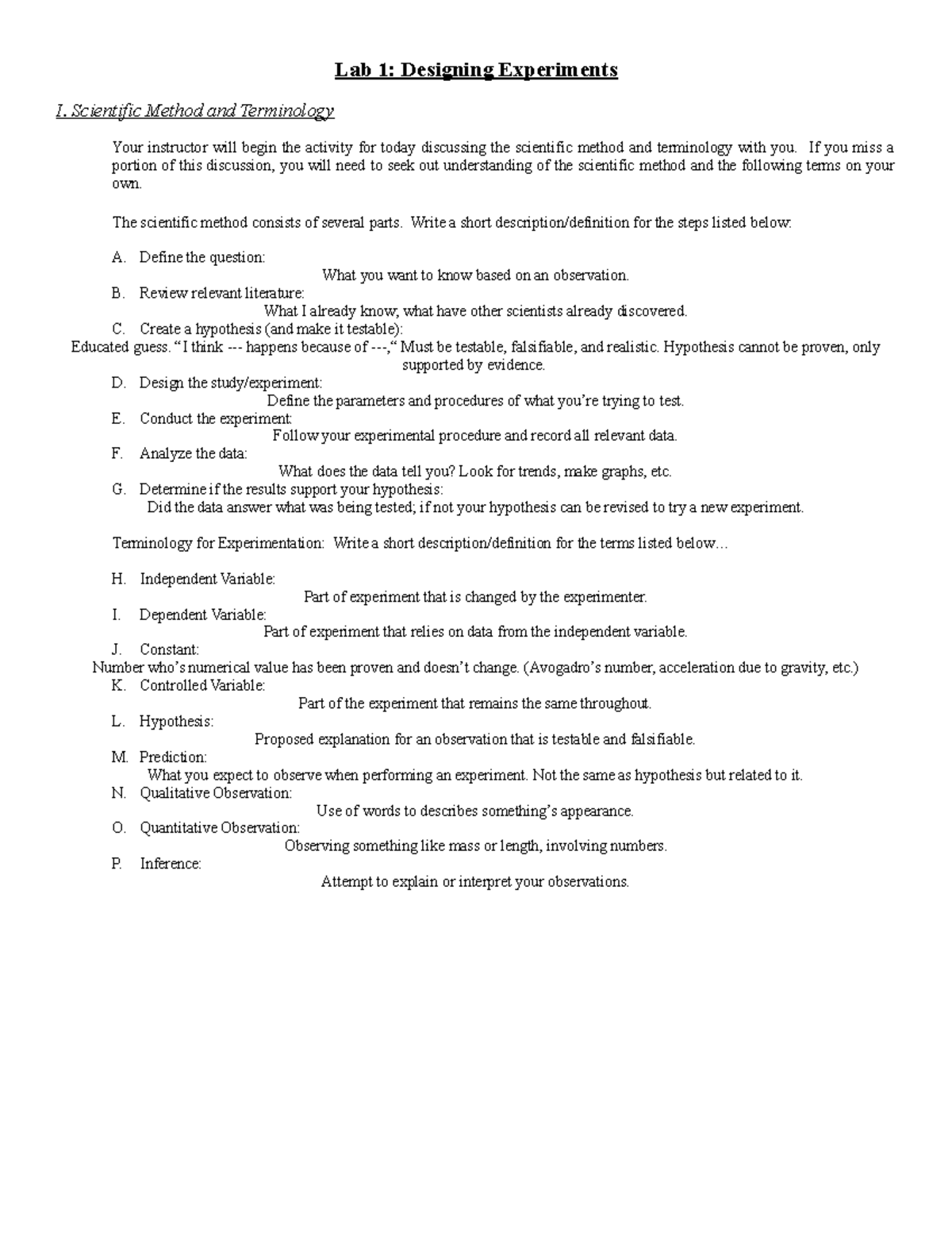 Lab 1 - Designing Experiments - Scientific Method and Terminology Your ...