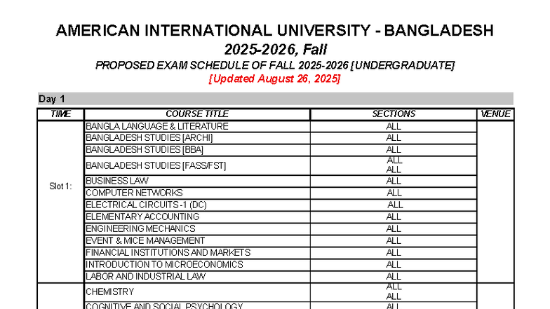 AIUB Fall 2025 Proposed Exam Schedule for Undergraduate Courses - Studocu
